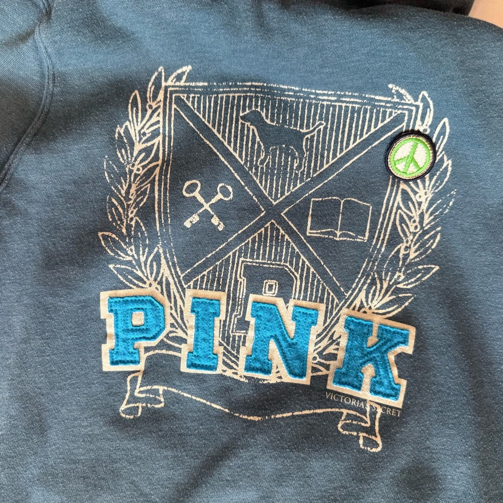Y2k 2007 VS Pink Blue Hoodie & Capris Sweatsuit Peace Sign - Picture 3 of 12